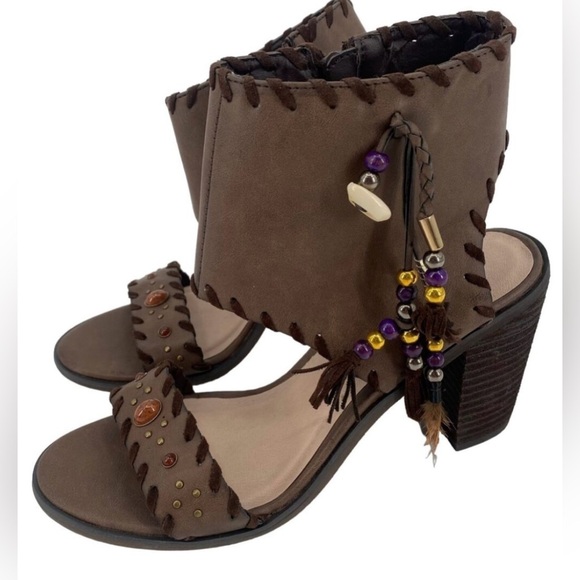 Very Volatile Women's Size 6 Boho Heeled Sandal Brown Beaded Fringe - Picture 1 of 9